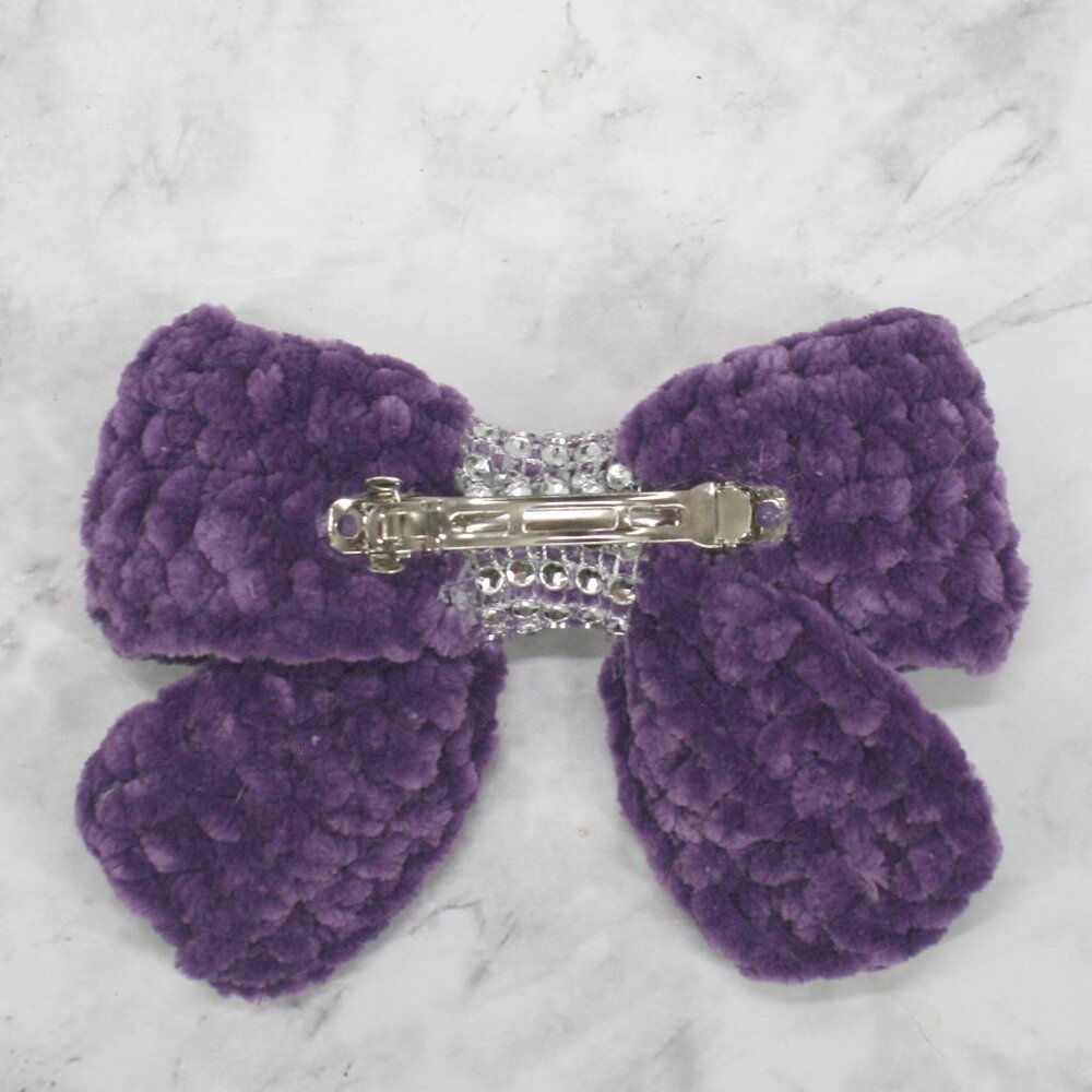 HAND CRAFTED Crochet Bow Chenille Velvet Hair Barrette Oversized Bling Purple - Picture 5 of 15